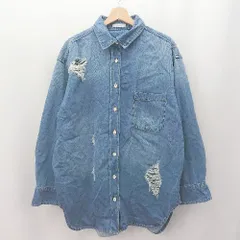 ◇ ⊇ JEANA SIS ジーナシス ダメージ加工 長袖 クラッシュダメージデニムシャツ サイズF ブルー系 レディース E  【1507280005125】