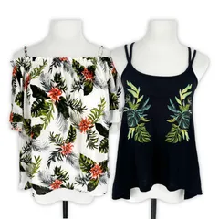 オフショルダー 半袖 ブラウス 花柄 白 キャミソール カップなし 黒 2枚セット まとめ売り オフショル レディース 古着 トップス