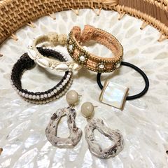 【5点】ベージュ系エスニックアクセサリーまとめ売り 貝殻バングル淡水パールピアス