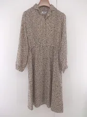 ◇ LUNACION 花柄 オープンカラー 長袖 膝下丈 ワンピース サイズL ブラック ベージュ系 レディース E  【1304260016375】