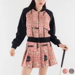 ゴルフウェア レディース 韓国 セットアップ スカート プリーツ Ａライン ジャケット ジャンパー MA-1 スカーフ柄 派手 バイカラー おしゃれ 秋 冬 春 ゴルフ ゴルフウエア ウエア スポーツウェア ピンク ブルー