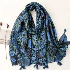 【ストール / 大判 】花柄ストール スカーフ ブルー 薄手 タッセル付き 羽織り
