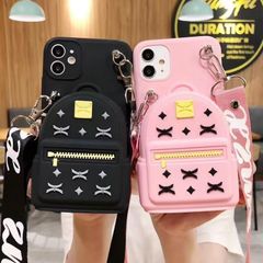 【新品】iPhone カップル用 可愛いリュック型小銭入れケース｜黒 × ピンク 全機種対応