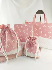 ナチュラルカラーのさくらんぼ入園入学セット④　ハンドメイド　通園バッグ　上靴袋　給食袋　着替え袋　チェリー　レッスンバッグ　巾着袋　入園　入学　女の子