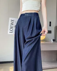 テンセル デニム サルエルパンツ イージーパンツ レディース 薄手 チノパンツ ボタン付き ズボン ロング丈 ウエストゴム ロングパンツ ボトムス Iライン ベルド ストレート ハイウエスト 落ち感 夏 ysys01