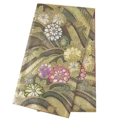 【中古】 袋帯 振袖用 リサイクル 正絹 金 ゴールド 深緑 茶 菊 流水 水 網代 金糸 銀糸 リサイクル 中古 かっこいい シック No.6-1560