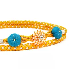 帯締め 飾り紐 振袖用 成人式 黄色 水色 白 花 菊 梅 つまみ細工 剣つまみ 組紐 丸組 銀糸 飾り付き 和装小物 着物 和装 お洒落 No.8-3203