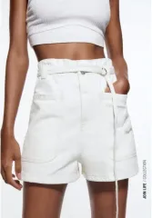 新品 ZARA ZARA(ザラ) プリント本 デニム バミューダ パンツ 白 34 サイズ