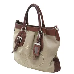 PRADA プラダ バッグ / ロゴジャガード キャンバス トートバッグ BN1302 / ショルダーバッグ レザーコンビ / ベージュ ブラウン / イタリア製 / ブランド カバン【レディース】【中古】
