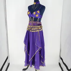 【ベリーダンス用 オリエンタル衣装】パープル スパンコールラメ ゴールドコイン 紫 フリル 花柄 レース ゴージャス ビーズ 鮮やか ブラトップ ベルト スカート アクセサリーセット ベロア生地