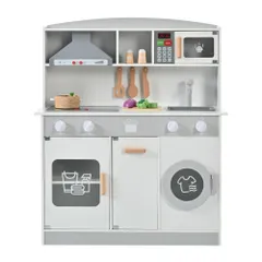 おままごとキッチン 木製 調理器具・食材付き ライト・電子レンジ付き おもちゃ【ホワイト】