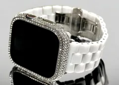 セラミック★ホワイト&シルバー★アップルウォッチ 純セラミックベルト パブェキラキラ ケース カバー　38mm 40mm 41mm 42mm 44mm 45mm ステンレス ラバー Apple Watch バンド