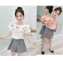 子供服 夏 上下セット 女の子 ブラウス ギャザー ギンガムチェック 女の子 ショートパンツ 子供服 上下セット