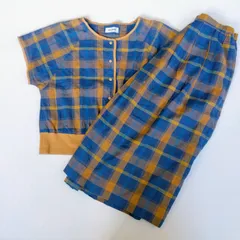 マックスマーラ MAX MARA セットアップ シャツ スカート マドラチェック 総柄 派手 フレア Aライン スナップボタン イエロー ブルー 麻 リネン プリーツ 丸首 後ろジップ キュプラ ニット インポート 上品 エレガント