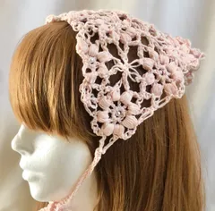 【再販】ハンドメイド ピンク バブーシュカ ヘッドドレス カチューシャ バンダナ スカーフ 手編み