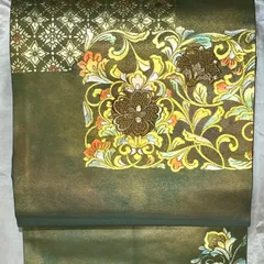 サイズ豪華絢爛綺麗美品緑汕頭刺繍正絹名古屋帯(未使用)