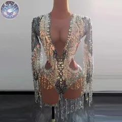 新品 未使用 社交ダンスドレス ベリーダンス衣装 シルバー ラメ フリンジ ダイヤモンド 装飾 ロングスリーブ オーダーメイド ドレス