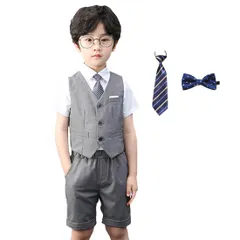 160_グレー [asayurii] 子供 スーツ 男の子 フォーマル 半袖シャツ 夏 結婚式 発表会 七五三 入学式 卒業式 入園式 半ズボン キッズ ベビー服 上下セット 5点セット