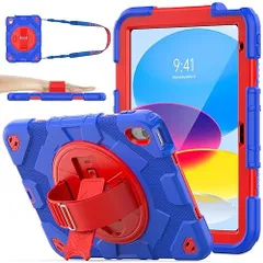 iPad 10.9インチ_レッド+ブルー SEYMAC stock iPad 第10世代 10.9インチ Gフック式ハンドストラップ耐衝撃ケース ペン収納 横置き＆縦置き対応360°回転スタンド ショルダーストラップ 全面保護カバー PC＆シリコン素材 保護フ