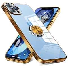 iPhone 12 Pro Max 用 ケース リング付き クリア 耐衝撃 スタンド機能 透明 TPU 車載ホルダー対応 落下防止 防塵 薄型 軽量 一体型 変形防止 全面保護カバー アイフォン 12 プロ マックス 用 ケース 金 W-YXZH-05-13