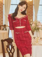 レッド[JN-012]【JENNNY / ジェニー】ツイード/ フリンジ/ パールビジュー/ ウエストカット/ オフショルダー/ 膝丈/ ミディドレス/ ミニドレス/ ワンピース/ キャバドレス