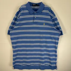 古着 90's/90年代 ポロバイラルフローレン Polo by Ralph Lauren 鹿の子 半袖 ポロシャツ ロゴ 刺繍 大きいサイズ 2ボタン XXL  ブルー系 ボーダー メンズ