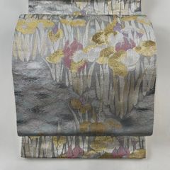 袋帯 美品 秀品 草花 箔 銀色 六通 正絹 【中古】
