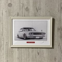 【鉛筆画】ISUZU いすゞ 117クーペ 名車 旧車 オールドカー ノスタルジックカー イラスト 絵画 デッサン 絵　A4サイズ   額付き 作者直筆サイン入り 車好き 男性 向け バースデー  定年退職祝い ギフト プレゼント に