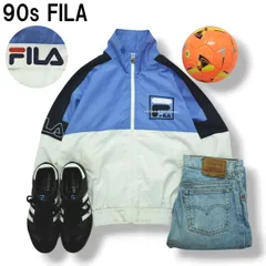 90s ヴィンテージ フィラ FILA ウィンド ジャケット ジップアップ ブルゾン ジャンパー ロゴ 刺繍 S ブルー x ホワイト スポーツ カジュアル ストリート メンズ