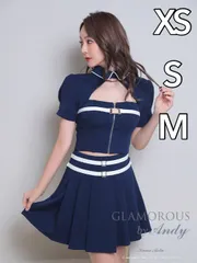 ネイビーホワイト[GMS-V796-NVxW-2401]【Andy GLAMOROUS/アンディグラマラス】襟付き/ バイカラー/ フロントジップ/ ベルト/ 袖あり/ 半袖/ プリーツ/ Aライン/ セットアップ/ ミニドレス/ キャバドレス