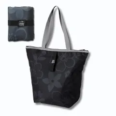 エコバッグ ファスナー 肩掛け 大容量 折りたたみ 保冷 トートバッグ チャック付き ショッピングバッグ (フラワー ブラック, L)