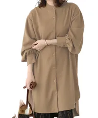 [Elixio] [エリクシオ] ゆったり シャツワンピース ワンピース レディース チュニック シャツ 長袖 薄手 襟なし ノーカラー 羽織り パフスリーブ 大きめ 体型カバー カジュアル 秋 秋服 (L, ブラウン) [ブラウン] [L]