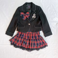 美品 hiromichi nakano ヒロミチナカノ 女の子 子供用 スーツ 120㎝  ブラック レッド リボン エンブレム チェック レース かわいい 卒園式