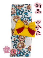 LY1063WH　«花ラブリ»　新品　レディース　浴衣単品　ゆかた　山茶花　さざんか　白　ホワイト　青緑　ブルーグリーン　黄色　イエロー　和風　和柄　和装　和服