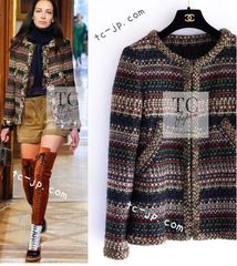 シャネル ジャケット CHANEL 113万 ベージュ グリーン ブラック マルチカラー ジッパー 肉厚やわらか ツイード カール・ラガーフェルド作品 超美品 38