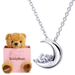 [シアーズ] クレセントムーン ネックレス レディース 天然ダイヤ×3月 誕生石 アクアマリン シルバー ブラウン ピンク ホワイト テディベア e-1625-tdt-01