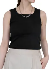 emptio エンプティオ リブ タンクトップ スクエアネック 透けない ブラ紐隠し チラ見え レディース デコルテ ダンス フィットネス 部屋着 ジム パジャマ ノースリーブ トップス 体型カバー(#07ブラック,  L)