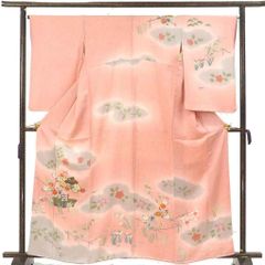 訪問着 身丈163cm 裄66cm 前幅24cm 後幅29cm 袖丈64cm 袖幅34cm レディース 袷 花柄 裄長 裄M-Lサイズ 秋冬春用 正絹（シルク）ピンク 美品 リメイク リユース リサイクル【呉服のきくや】