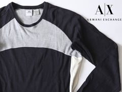 中古品★ARMANI EXCHANGE アルマーニ エクスチェンジ★３色切替クルーネック長袖Tシャツ★L★ネイビー紺グレー灰ホワイト白【本物保証】