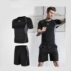 コンプレッションウェア トレーニングウェア メンズスポーツウェア男性用トレーニングウエア 上下2点セット 半袖シャツ ハーフパンツ 吸汗速乾 通気防臭 S～3XLサイズ展開