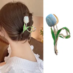 【人気商品】ロマンティックなヒマワリの花柄 ヘアクリップ バンスクリップ 大きめ しっかりとまる ヘアアクセサリー へあくりっぷ 大 かみどめ クリップ 髪留め HAPVITAL ヘアアクセサリー レディース 人気 韓国風 (青い)