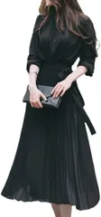Elixio エリクシオ レディース ワンピース プリーツスカート 長袖 秋服 上品 ロング丈 きれいめ シンプル 大きいサイズ 体型カバー オフィス フォーマル パーティー 秋冬(ブラック,  XL)