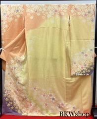 ＜大特価＞　現品限り　used　振袖　オレンジぼかし桜柄　正絹　成人式　およばれ　着付け練習