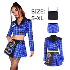 青 チェック ダンス衣装 大人 セットアップ レディース 龍柄 ヒップホップ ジャズダンス衣装 DS 夜店 クラブ バー 韓国 アイドル ダンス 衣
