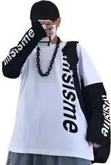 [アスペルシオ] 重ね着風 ロングスリーブ 袖ロゴ 英文字 プリント オシャレ カッコイイ トップス メンズ 長袖 tシャツ プルオーバー クルーネック 切り替え ベーシック カットソー アメカジ モード系 ストリート ファッション [ミルクホワイト] [M]