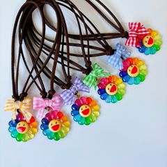 トリミングチョーカー 《037》 10本 カラフルフラワー 花 ニコニコ チェックリボン