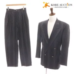■ ジャンニヴェルサーチ ダブルスーツ セットアップ トップス ボトムス 裾ダブル ストライプ メンズ M ネイビー ホワイト