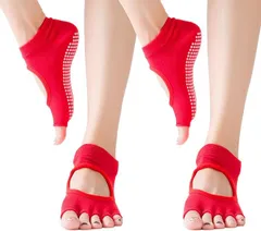 COMFORTIS ヨガソックス ピラティス 靴下 レディース 滑り止め つま先なし ヨガ靴下 2枚セット(レッド,  22.0-25.0 cm)