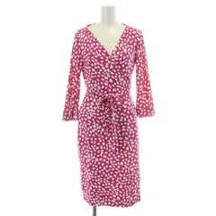 ダイアンフォンファステンバーグ DIANE von FURSTENBERG タイトワンピース ラップ 巻き ミモレ ロング 七分袖 Vネック ストレッチ シルク アニマル柄 総柄 4 M ピンク 白 ホワイト /BB