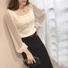 春秋新作！ スクエアネック トップス リブニット シフォン シースルー 袖